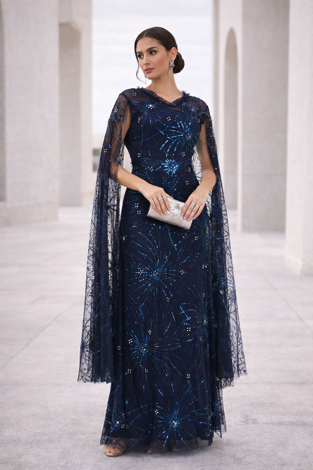 Starburst Embellished Cape Sleeve Gown