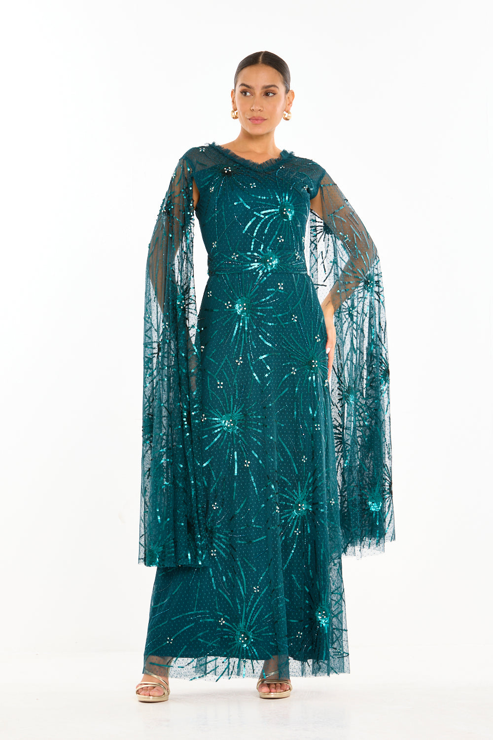 Starburst Embellished Cape Sleeve Gown