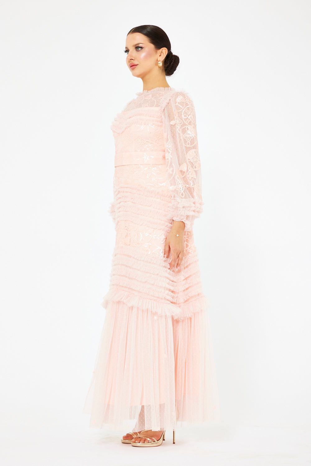 Tiered Ruffle Lace Tulle Gown