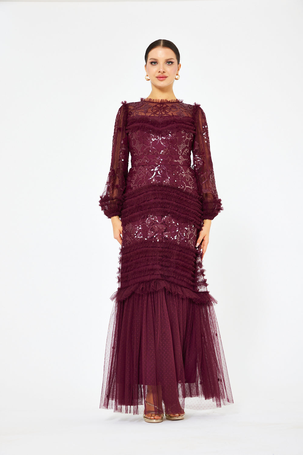 Tiered Ruffle Lace Tulle Gown