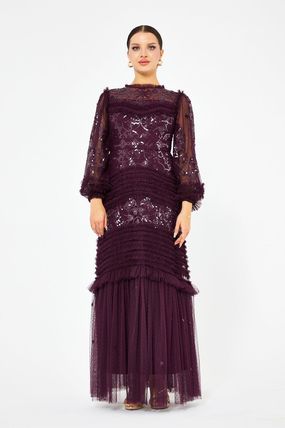 Tiered Ruffle Lace Tulle Gown