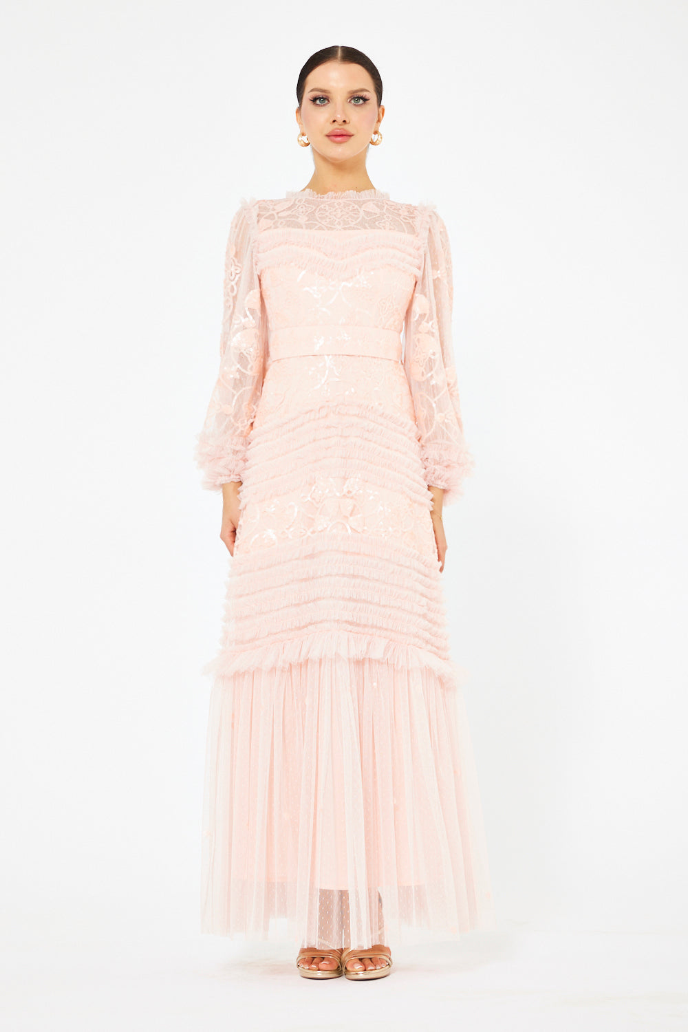 Tiered Ruffle Lace Tulle Gown