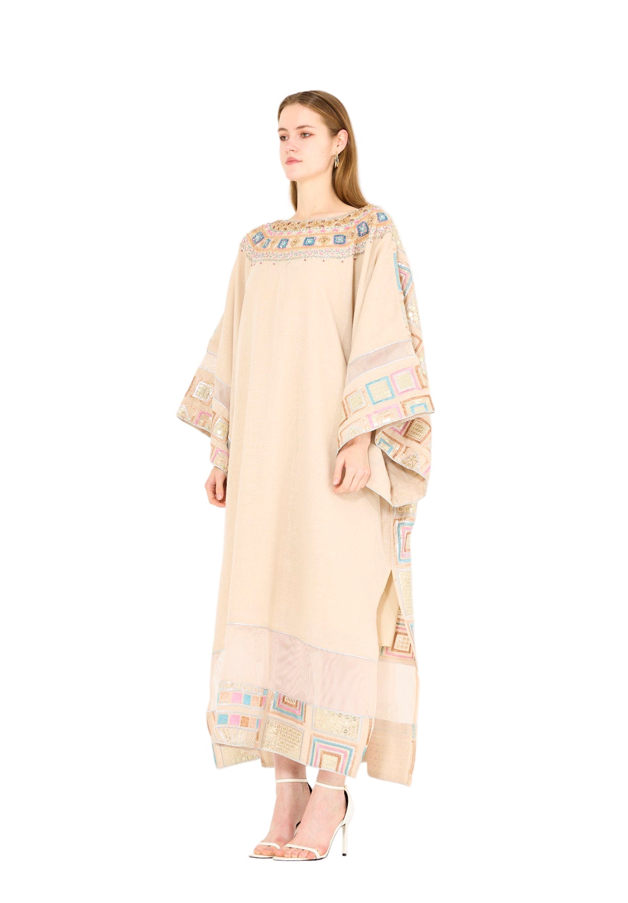 Wide Sleeve Geometric Motif Embroidered Jalabiya