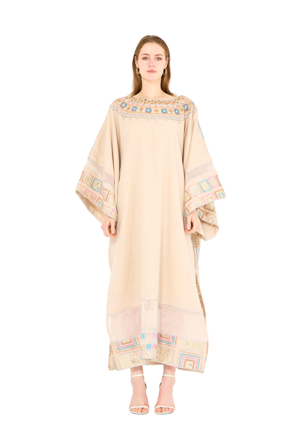 Wide Sleeve Geometric Motif Embroidered Jalabiya