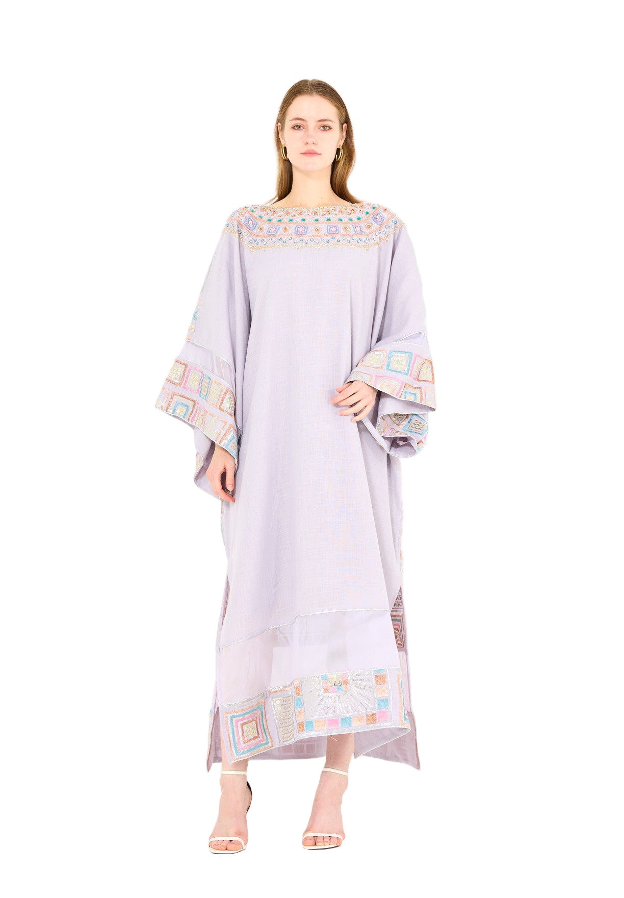 Wide Sleeve Geometric Motif Embroidered Jalabiya