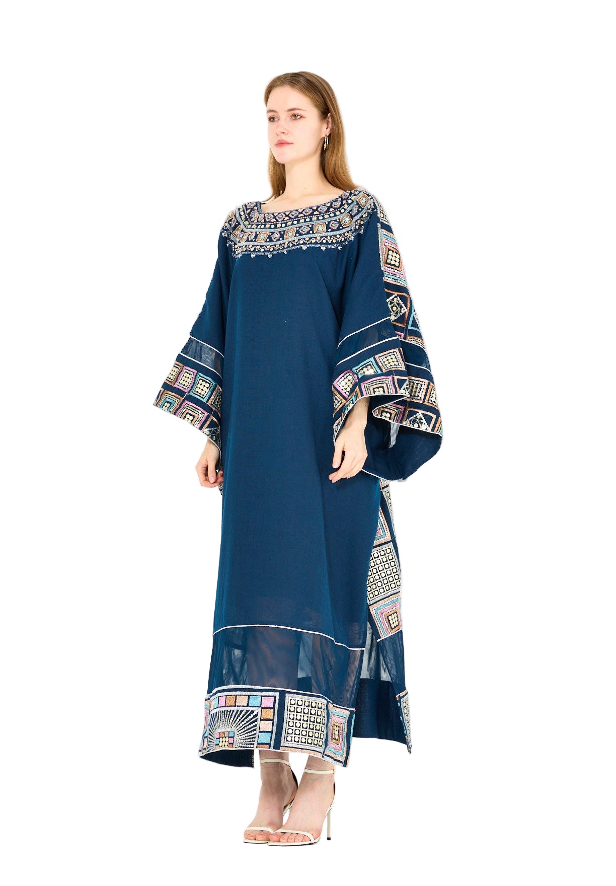 Wide Sleeve Geometric Motif Embroidered Jalabiya