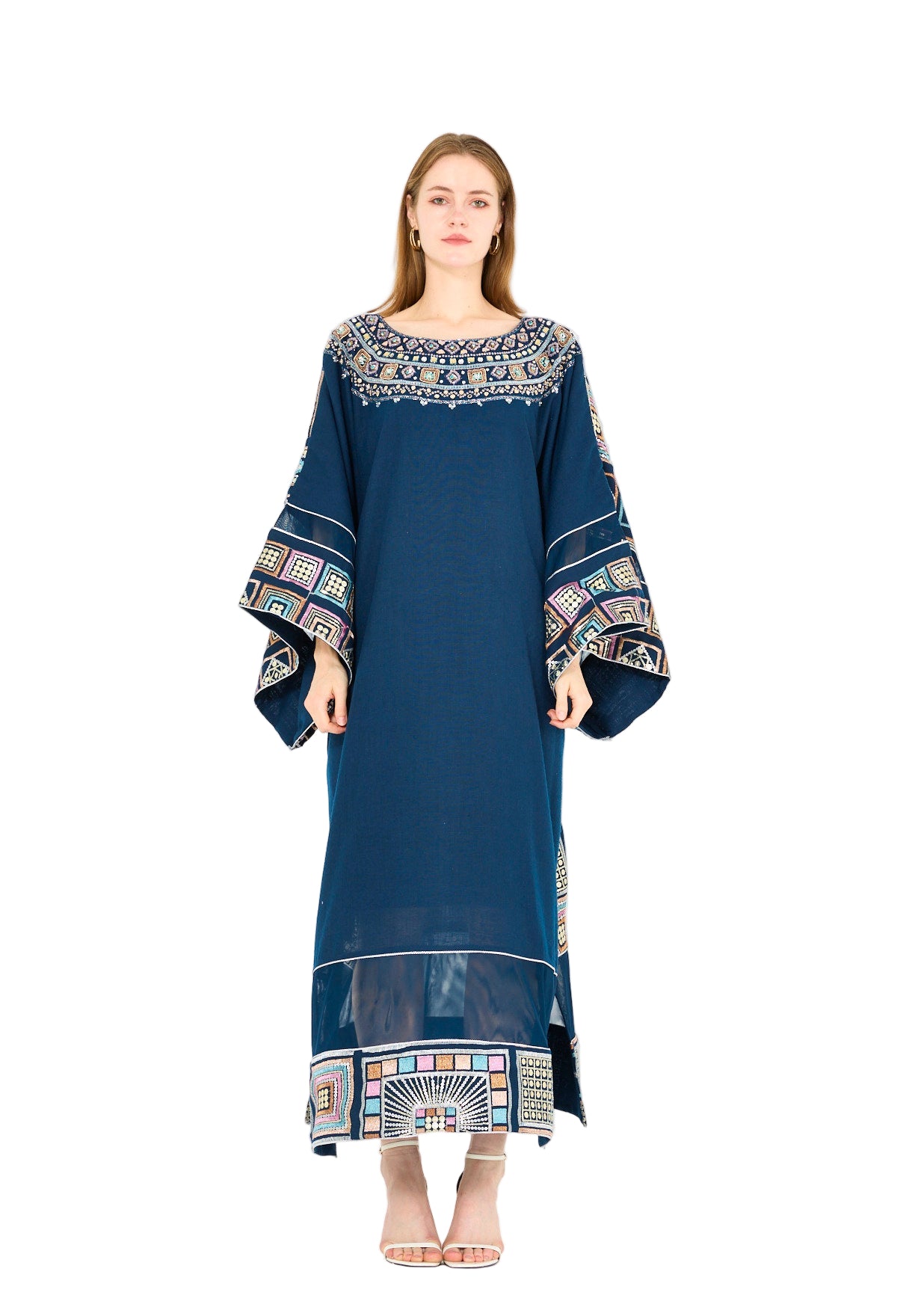 Wide Sleeve Geometric Motif Embroidered Jalabiya