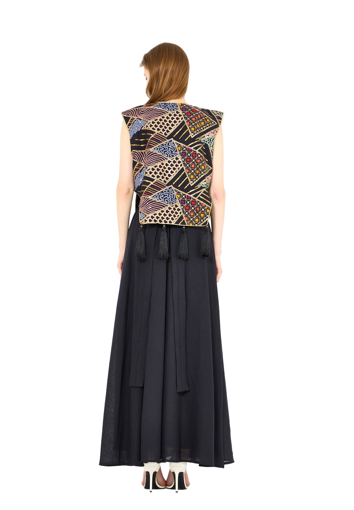 A-Line Dress With Contrast Fusion Embroidered Vest