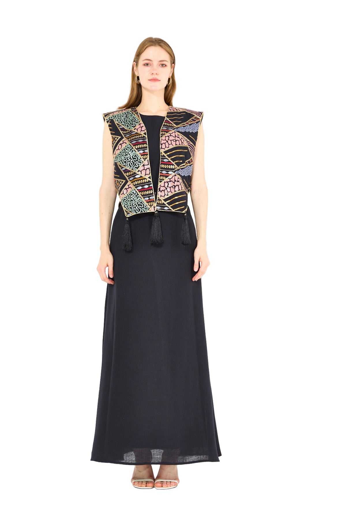 A-Line Dress With Contrast Fusion Embroidered Vest