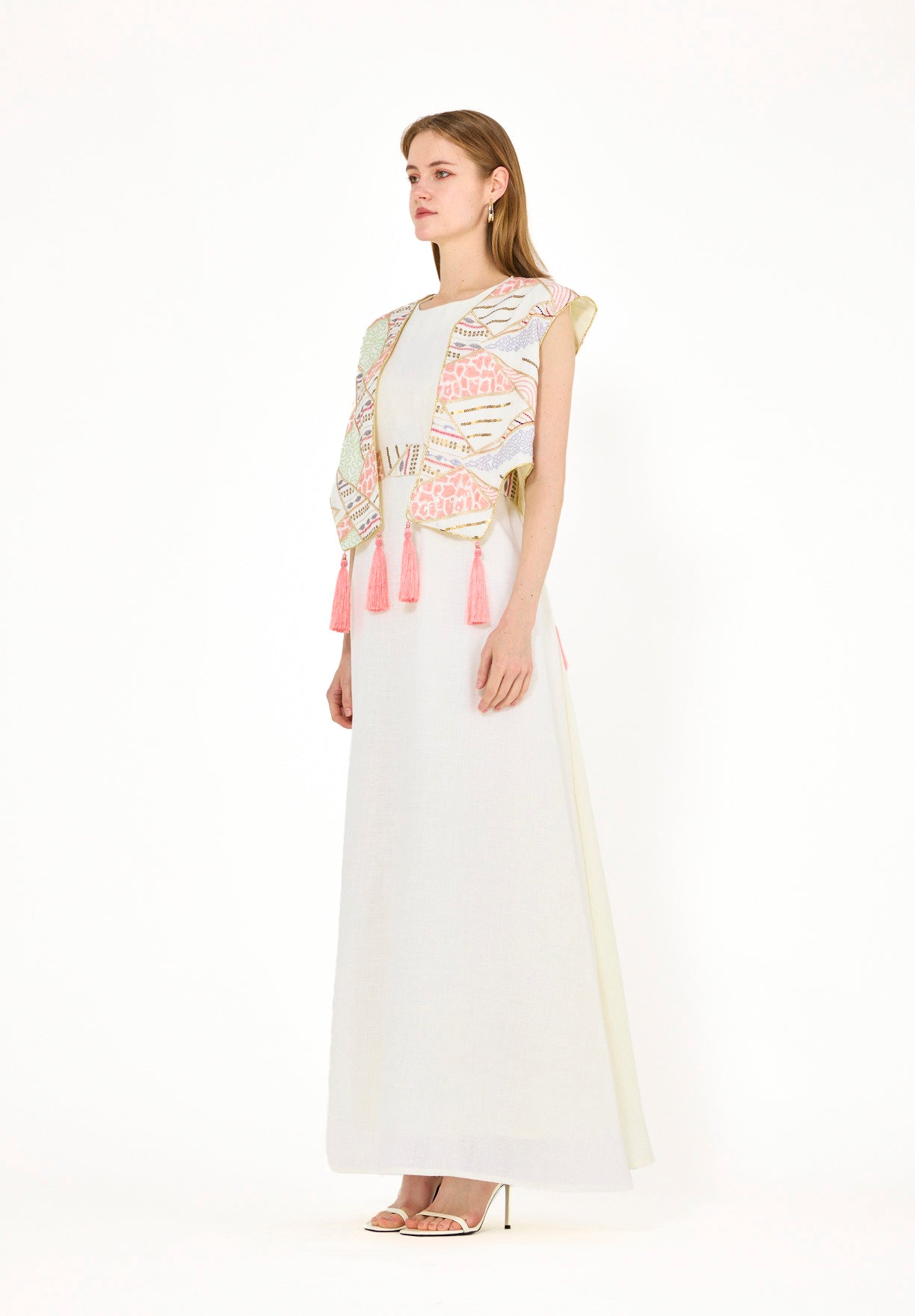 A-Line Dress With Contrast Fusion Embroidered Vest
