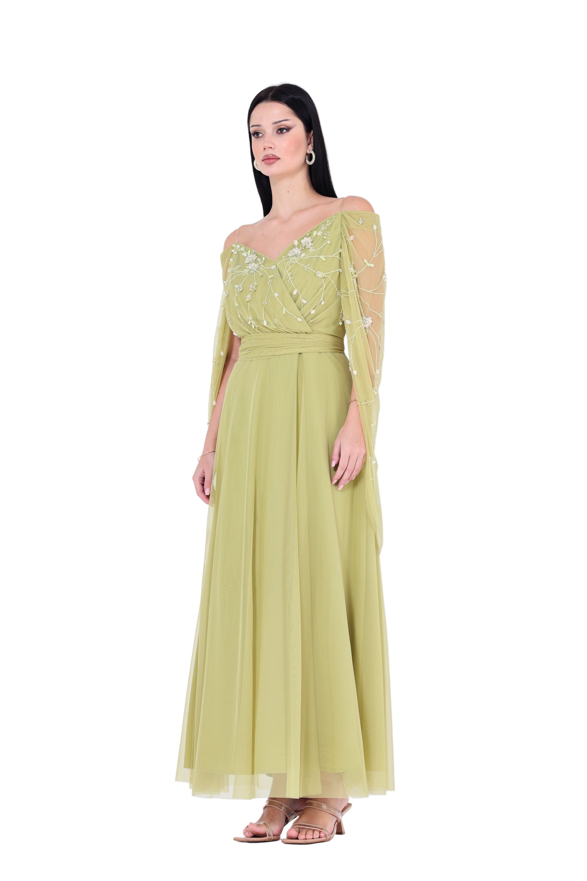 3D Floral Embellished Draped Off-The-Shoulder Gown