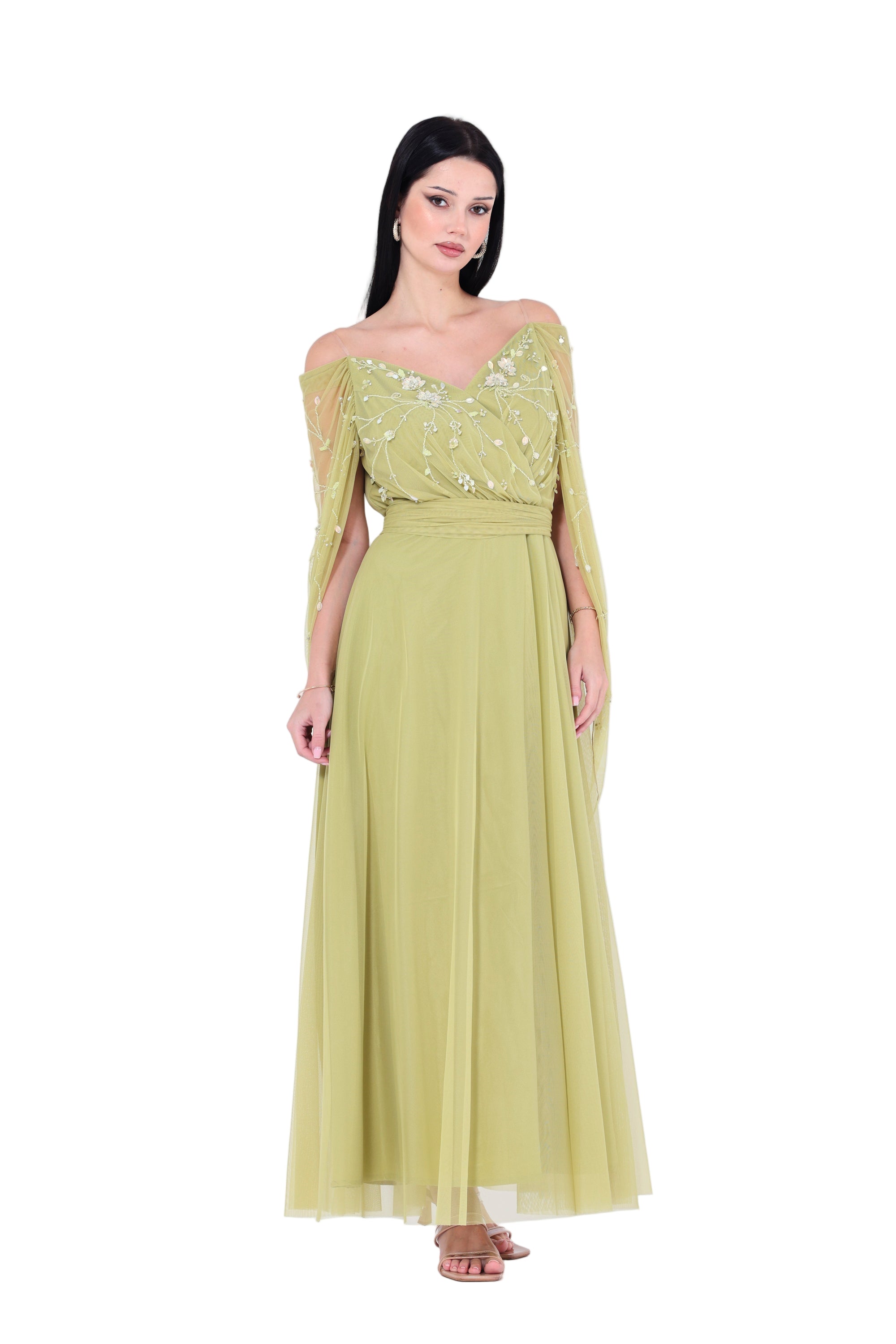 3D Floral Embellished Draped Off-The-Shoulder Gown