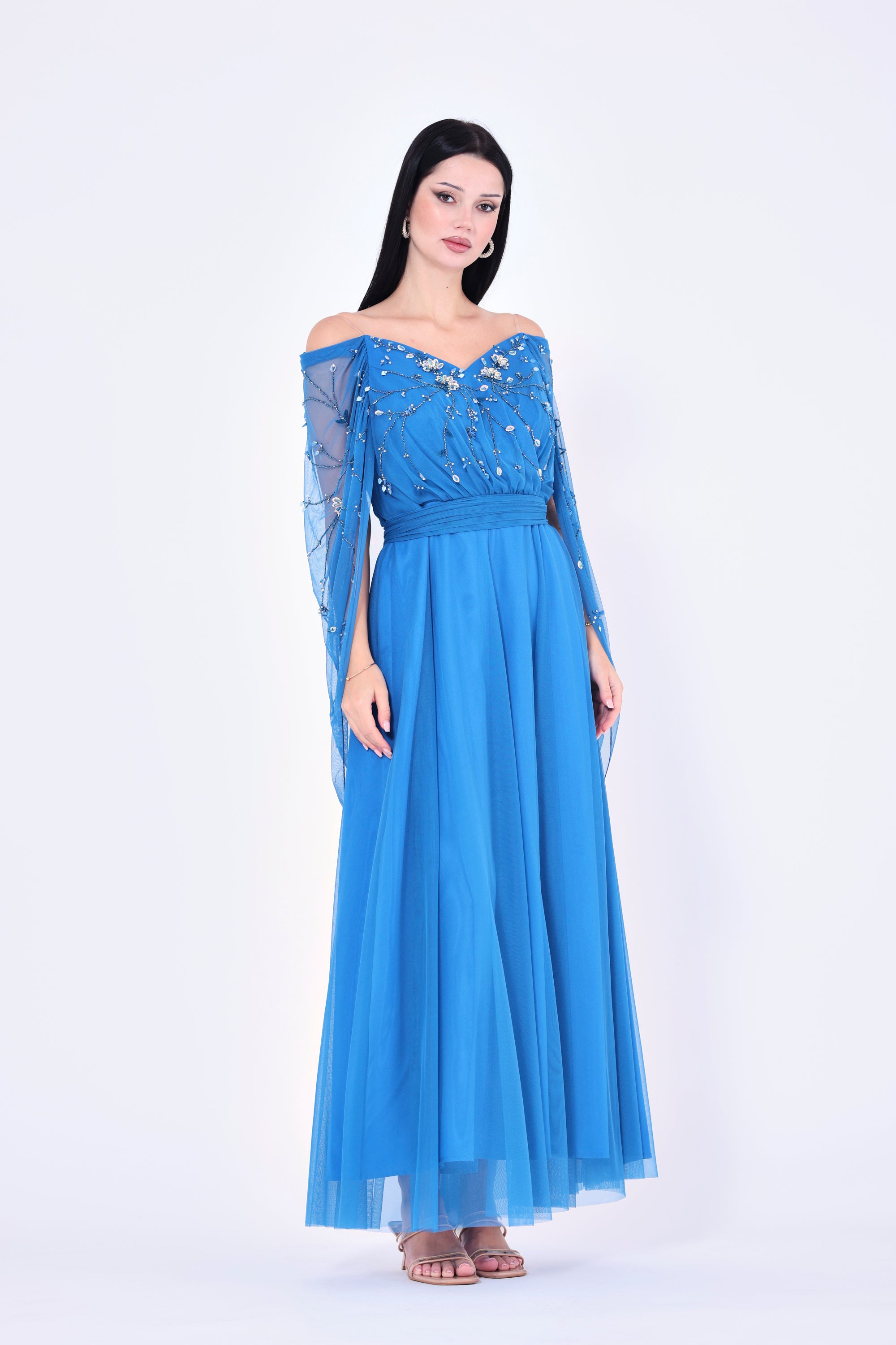 3D Floral Embellished Draped Off-The-Shoulder Gown