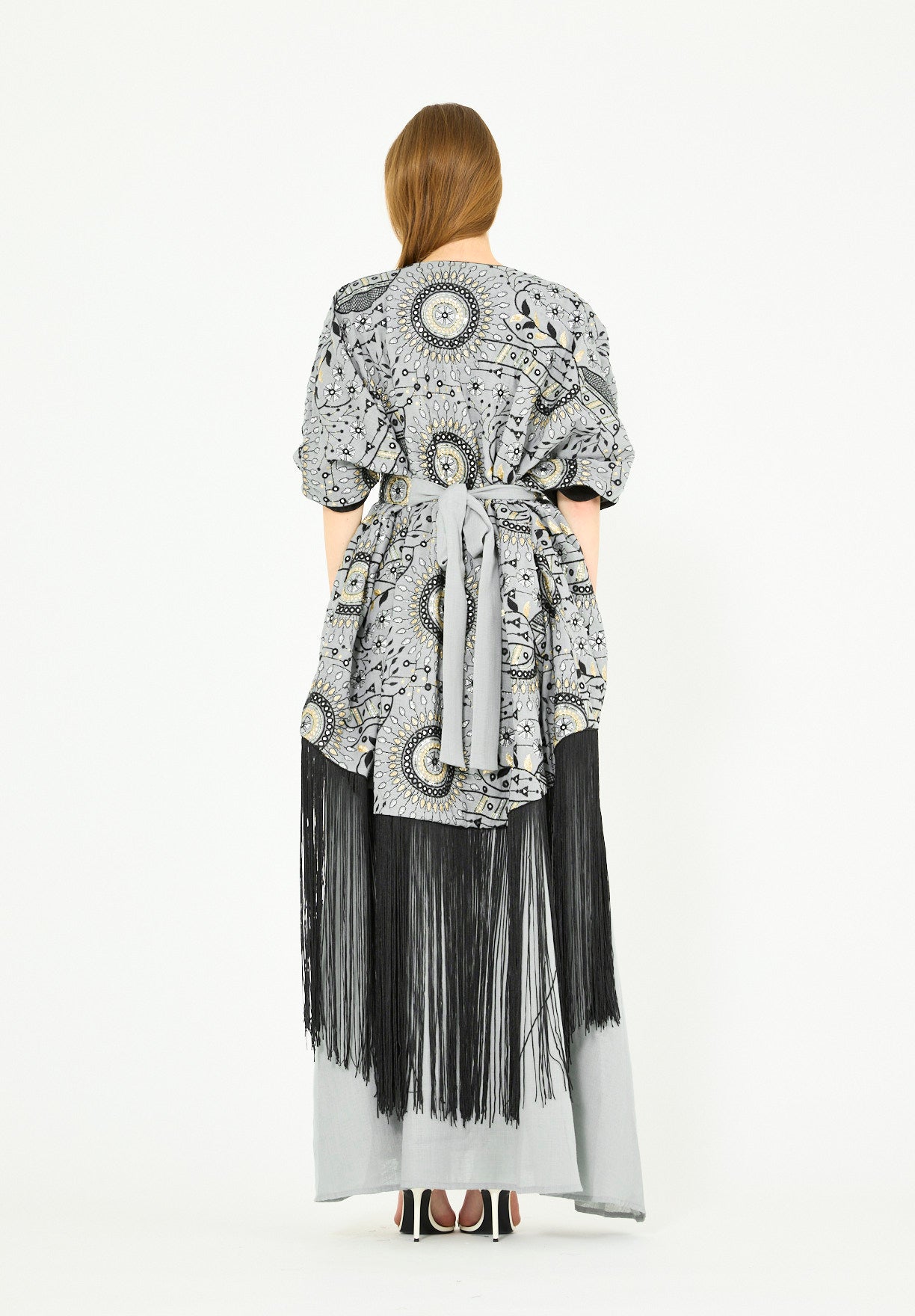 Fringe Hem Embroidered Bisht & A-Line Dress Set