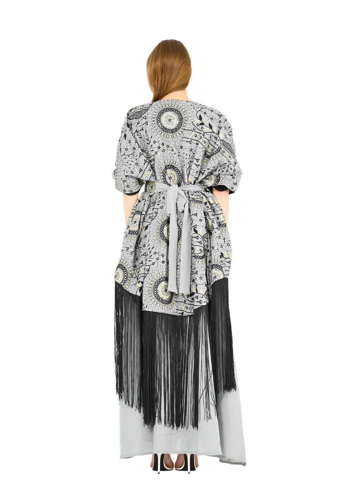 Fringe Hem Embroidered Bisht & A-Line Dress Set