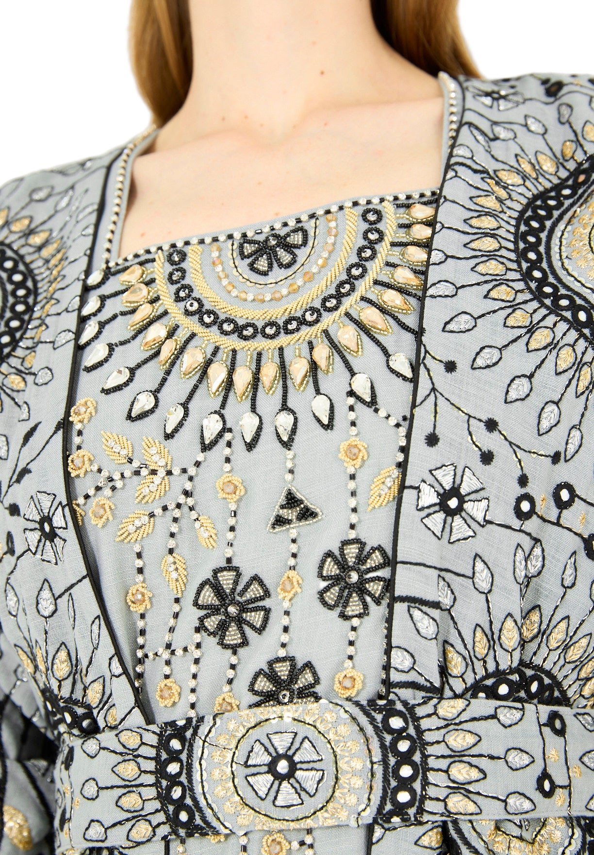 Fringe Hem Embroidered Bisht & A-Line Dress Set