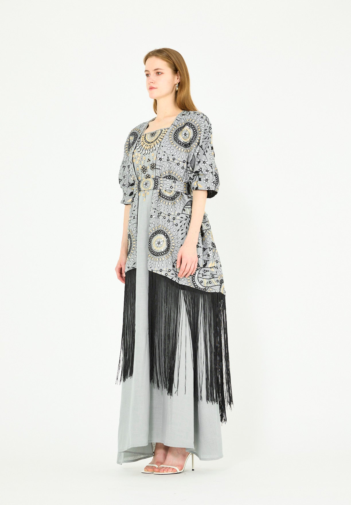 Fringe Hem Embroidered Bisht & A-Line Dress Set