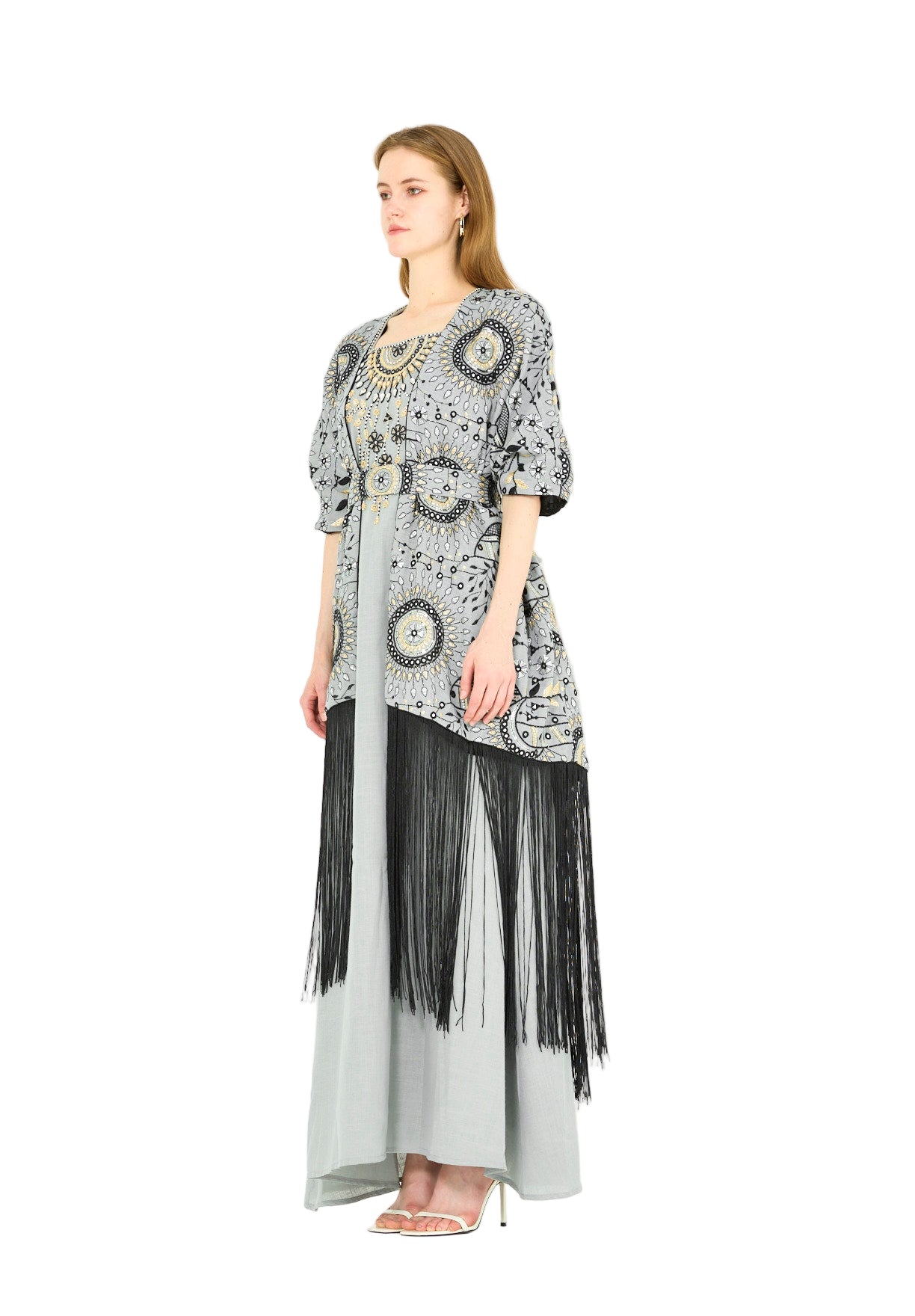 Fringe Hem Embroidered Bisht & A-Line Dress Set