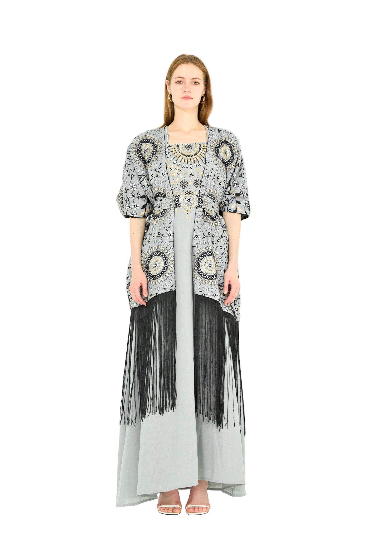 Fringe Hem Embroidered Bisht & A-Line Dress Set