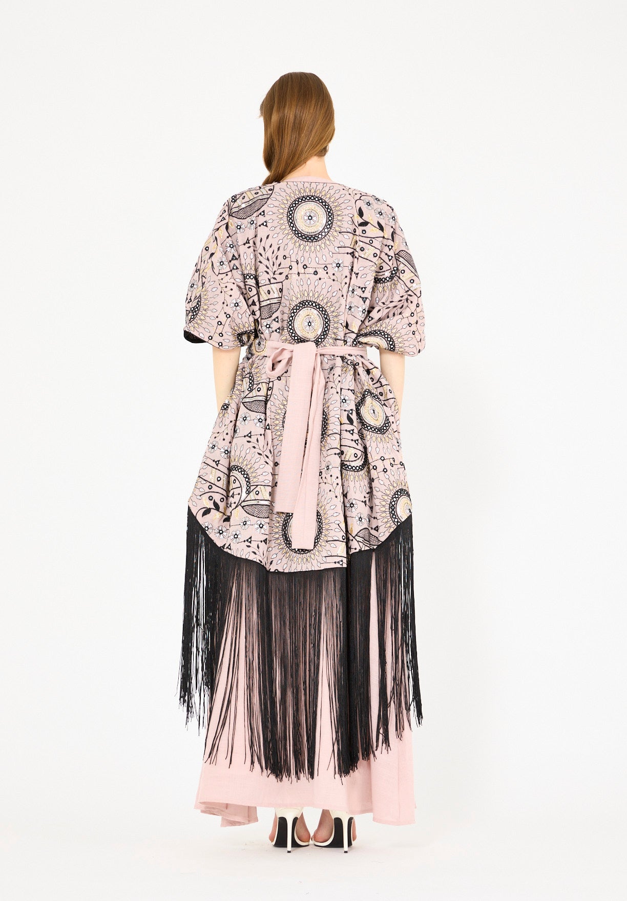 Fringe Hem Embroidered Bisht & A-Line Dress Set