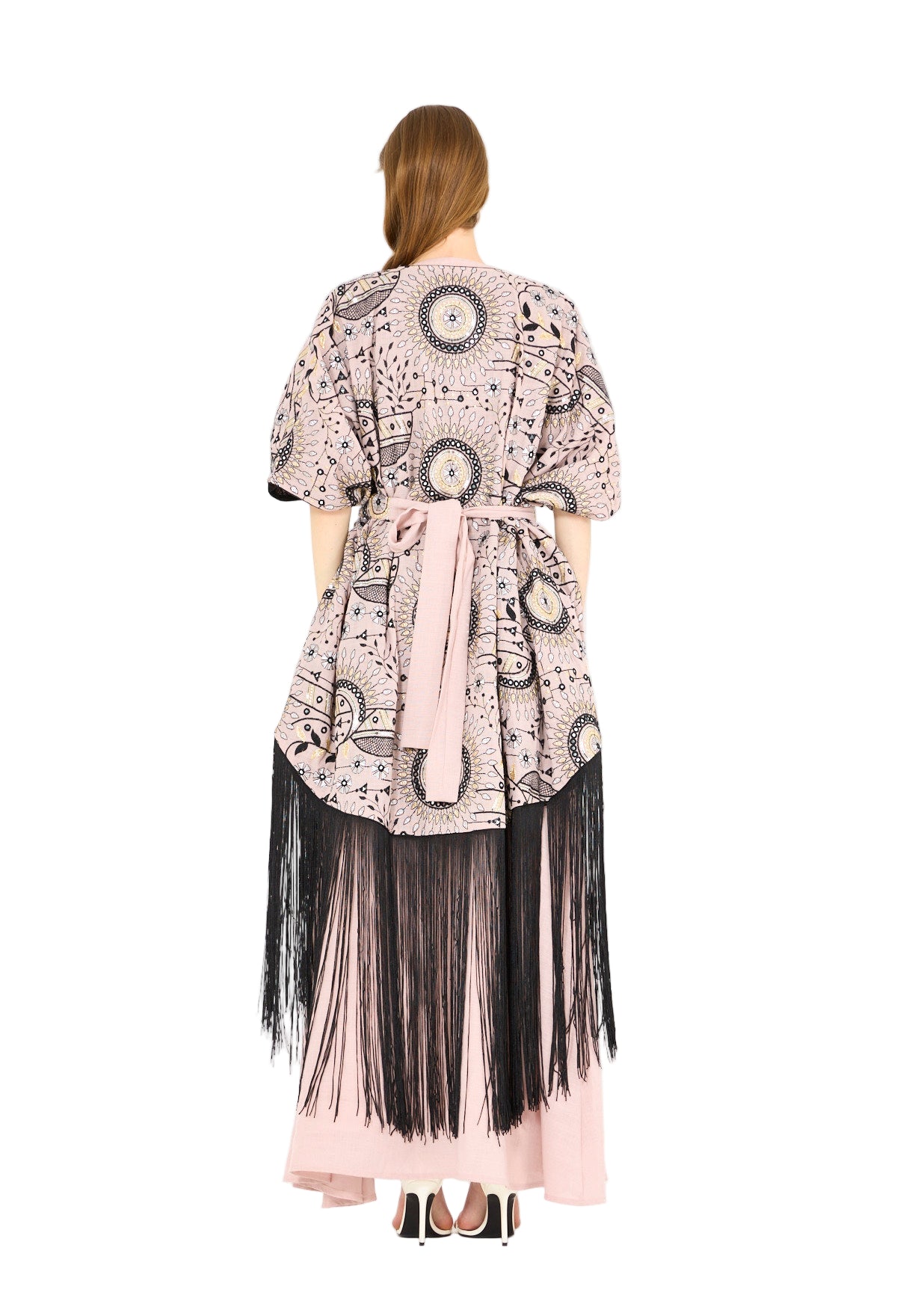 Fringe Hem Embroidered Bisht & A-Line Dress Set