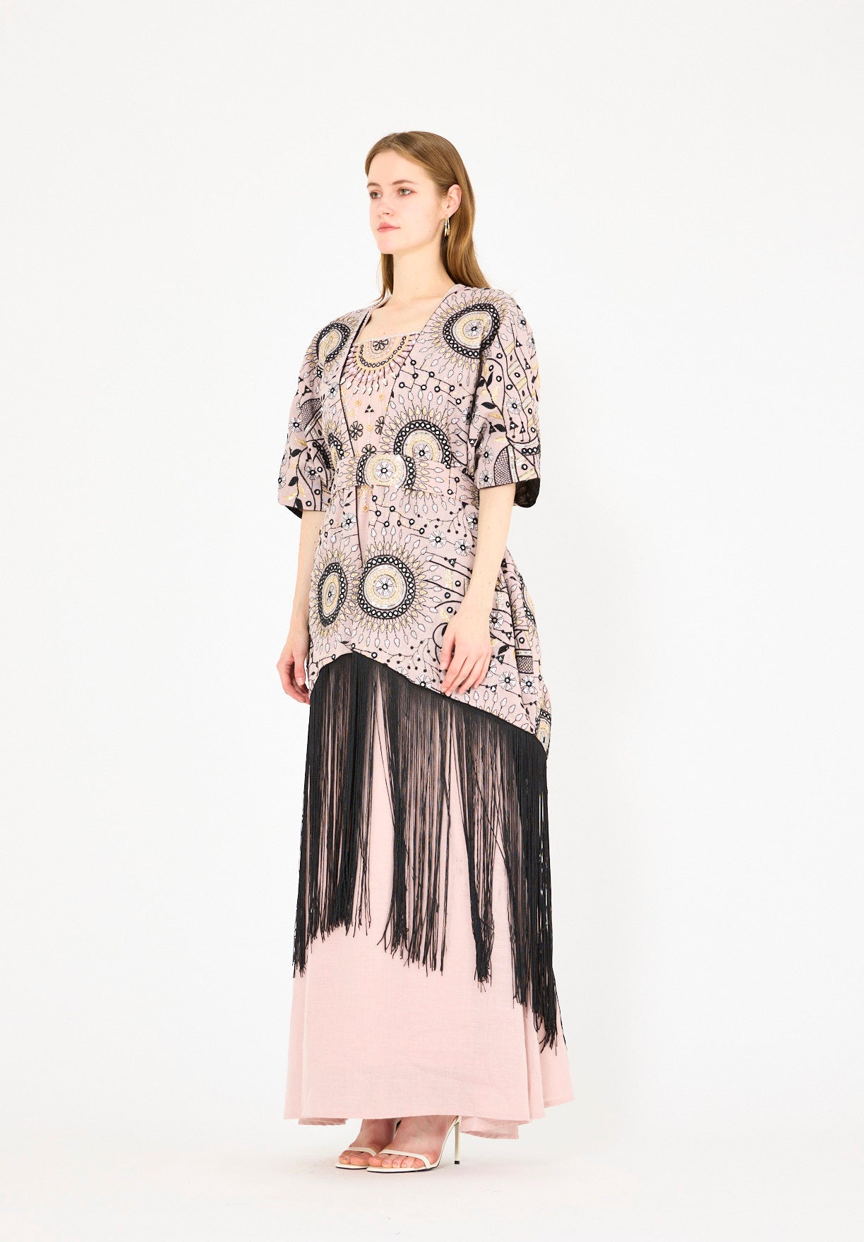 Fringe Hem Embroidered Bisht & A-Line Dress Set