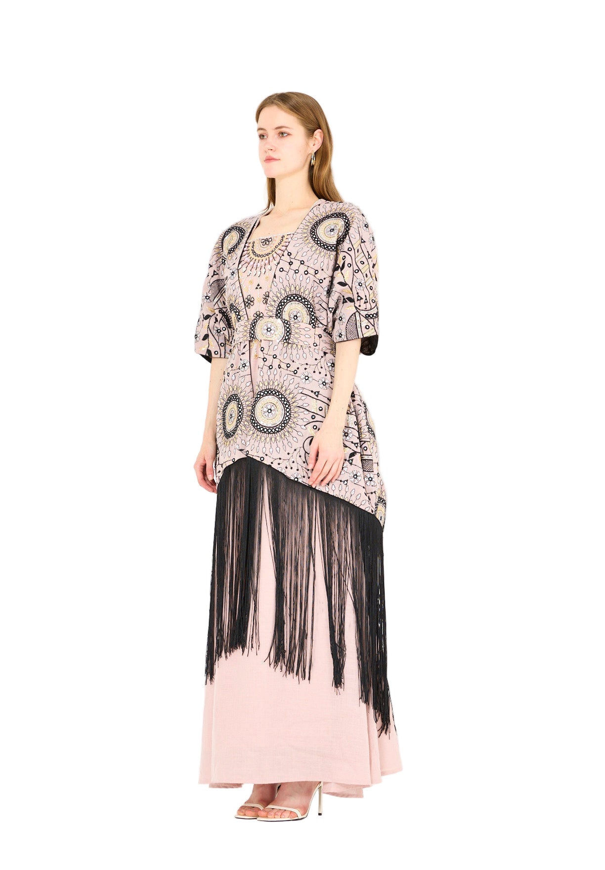 Fringe Hem Embroidered Bisht & A-Line Dress Set