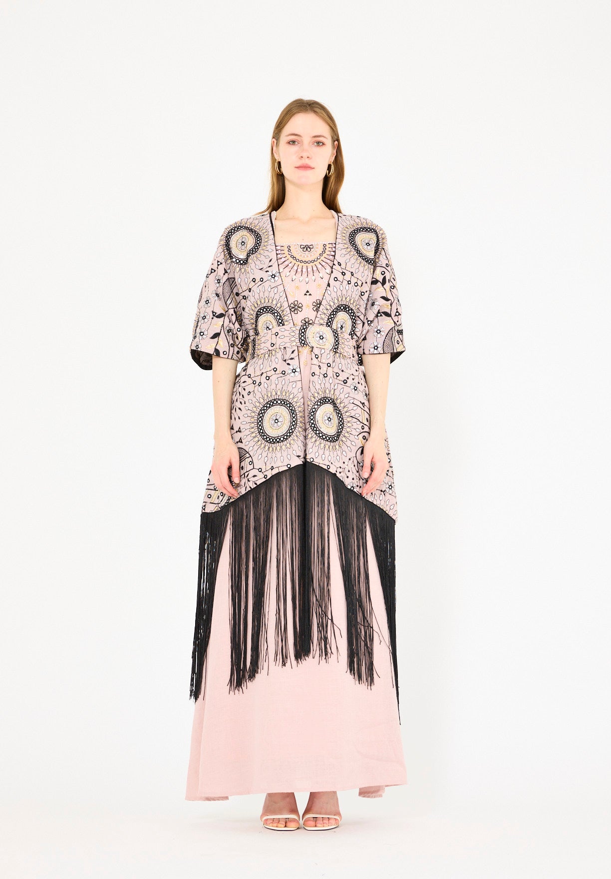 Fringe Hem Embroidered Bisht & A-Line Dress Set