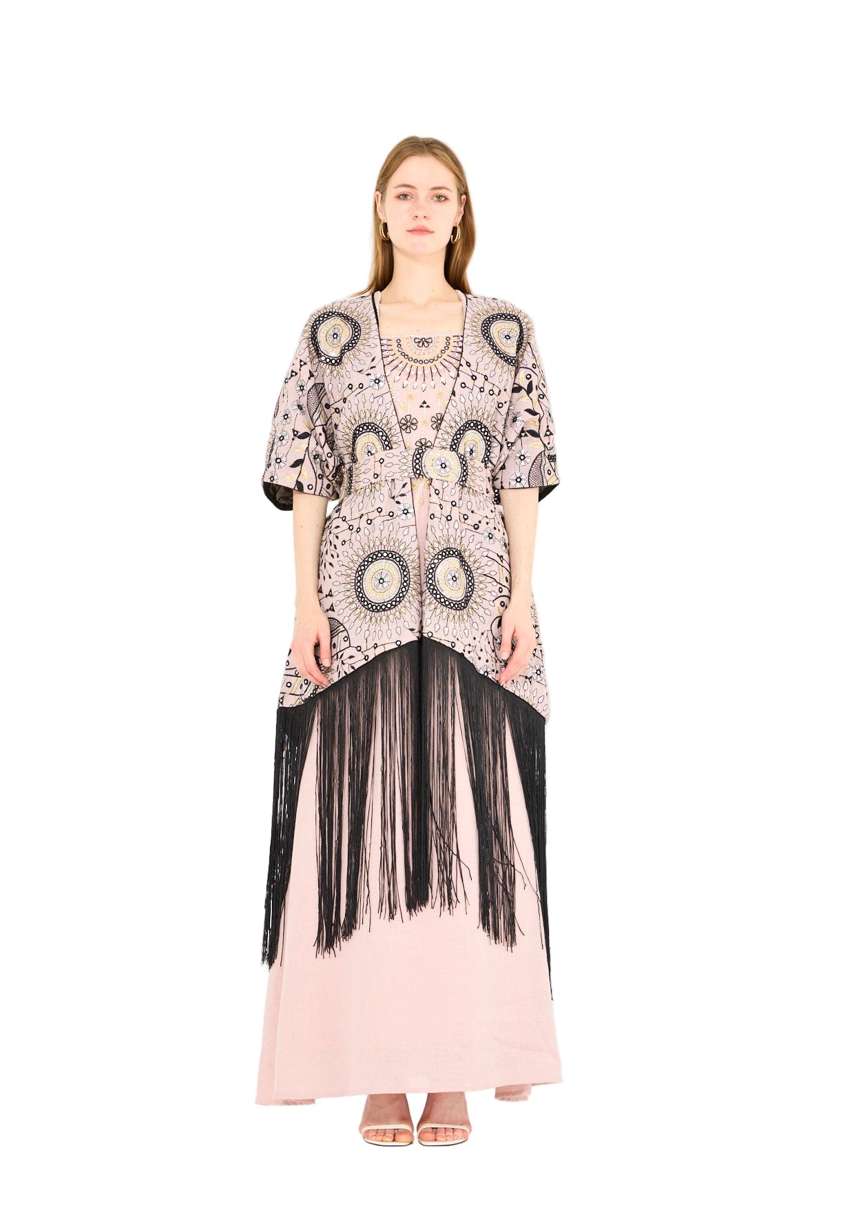 Fringe Hem Embroidered Bisht & A-Line Dress Set