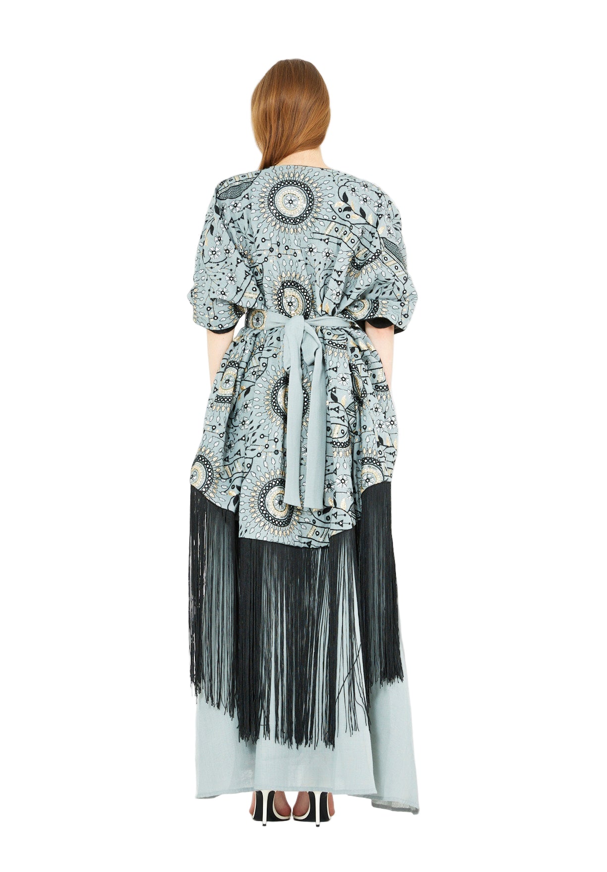 Fringe Hem Embroidered Bisht & A-Line Dress Set