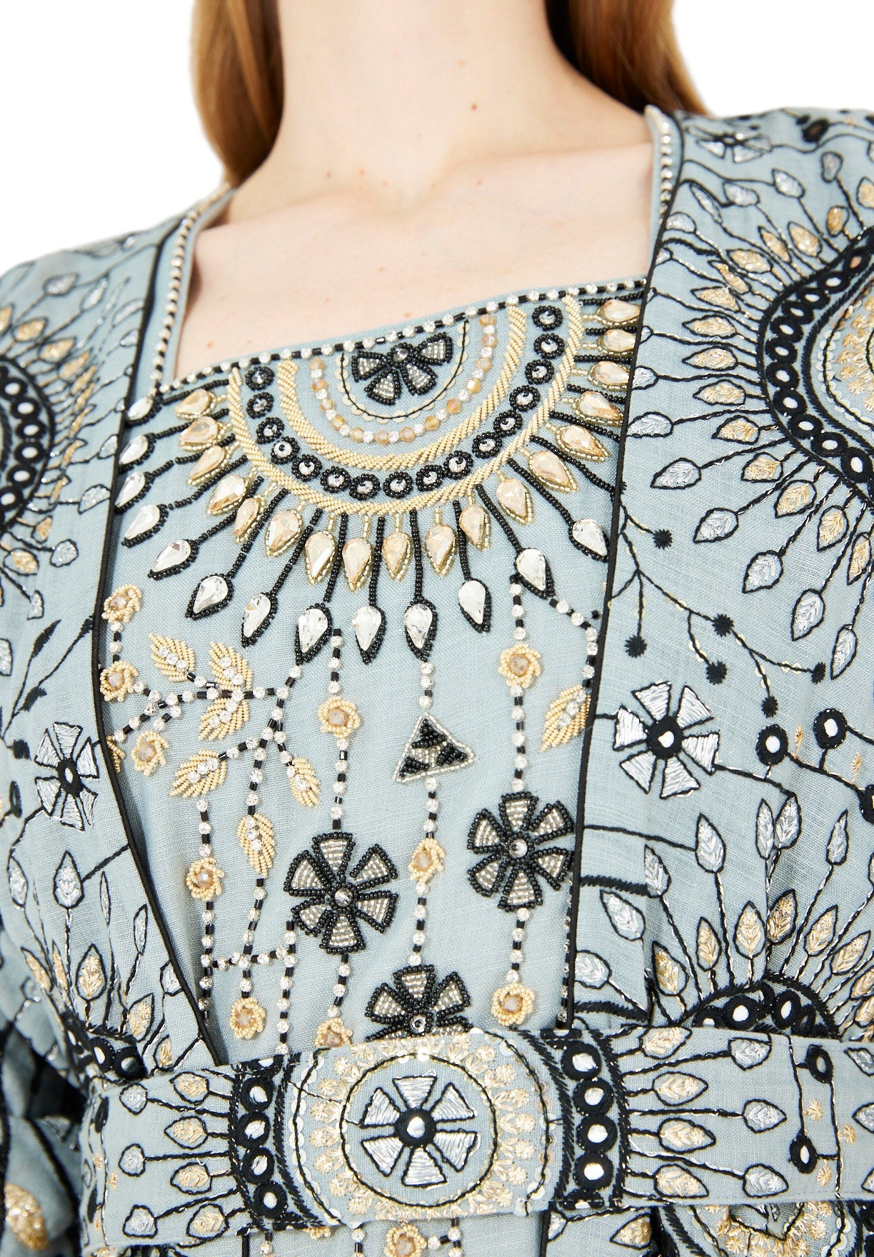 Fringe Hem Embroidered Bisht & A-Line Dress Set