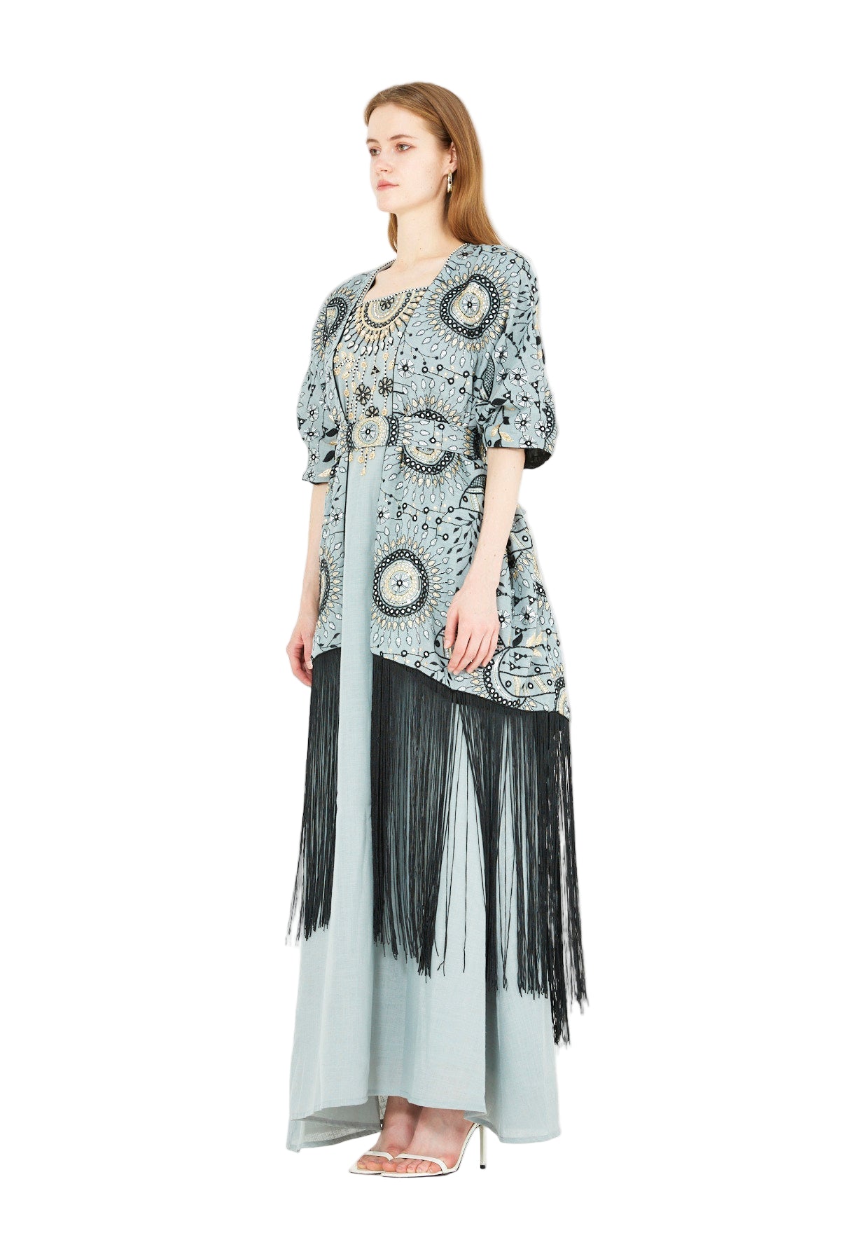Fringe Hem Embroidered Bisht & A-Line Dress Set