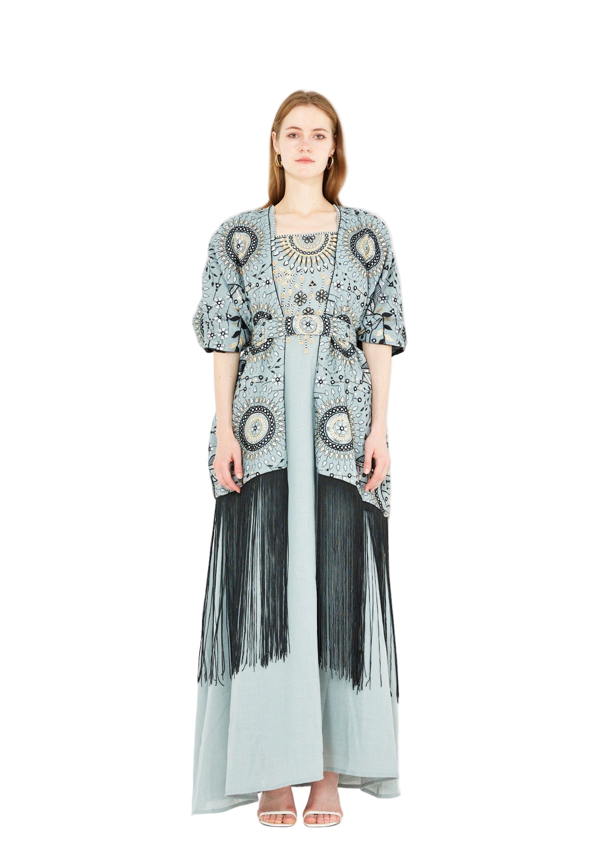 Fringe Hem Embroidered Bisht & A-Line Dress Set