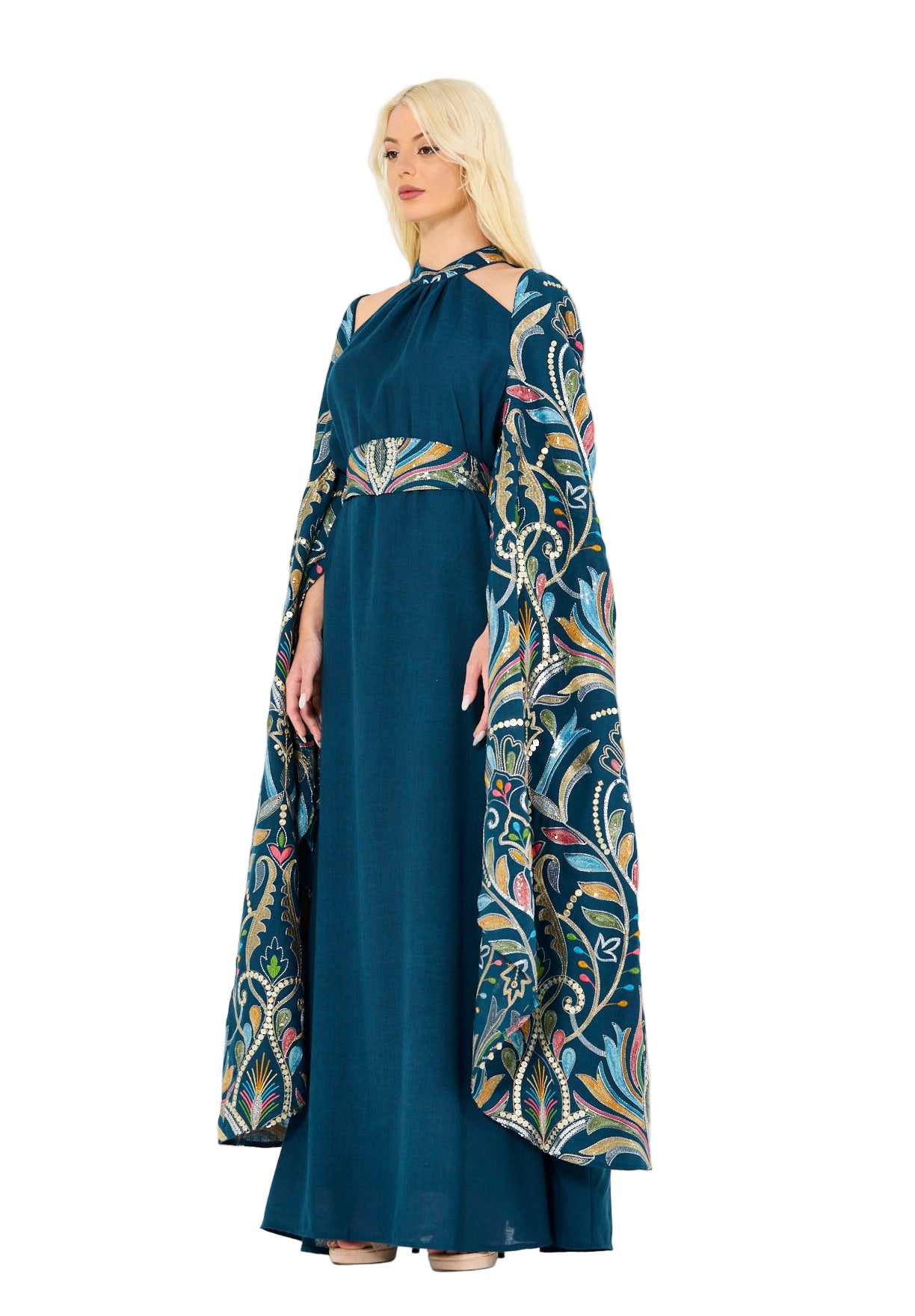 Floral Embroidered Cape Dress