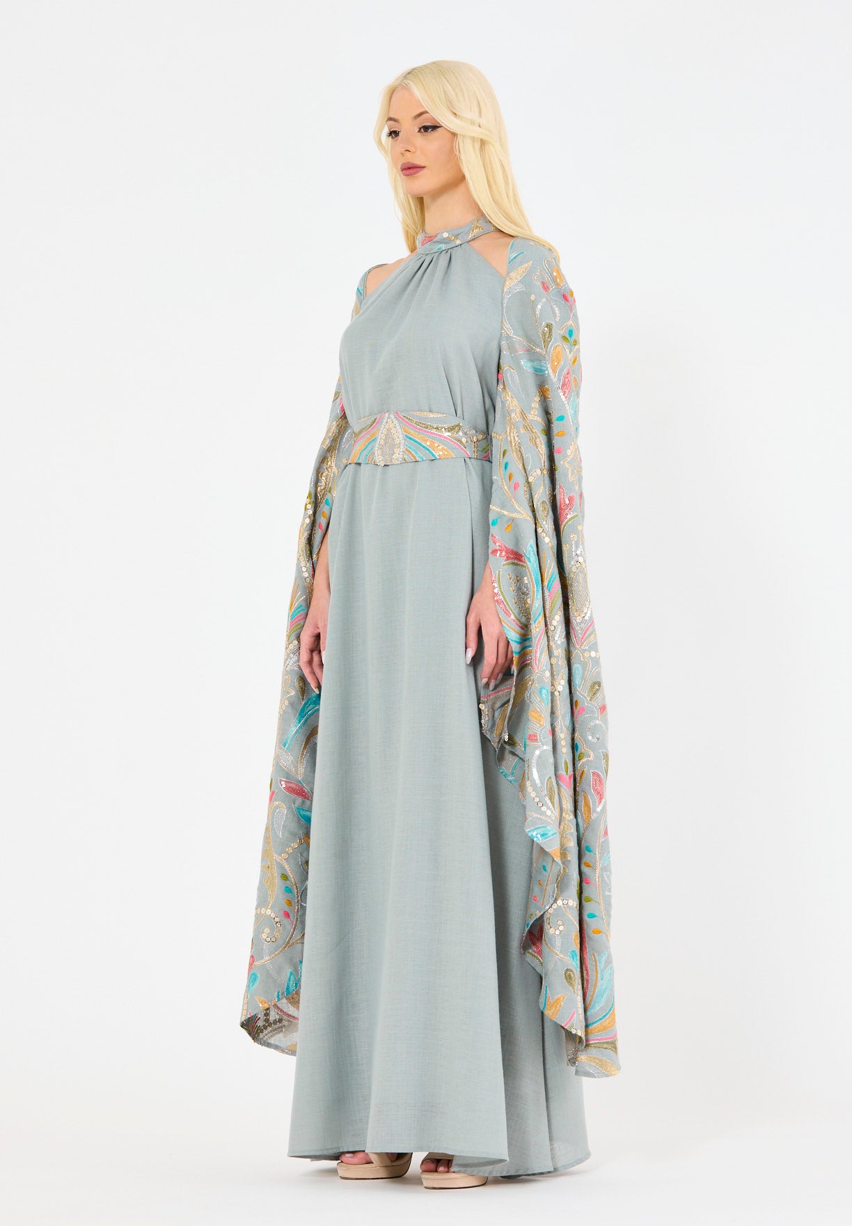 Floral Embroidered Cape Dress