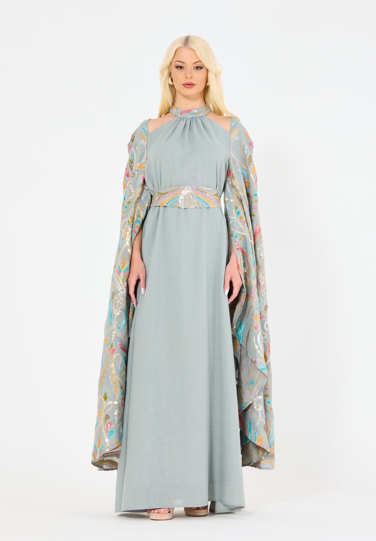 Floral Embroidered Cape Dress