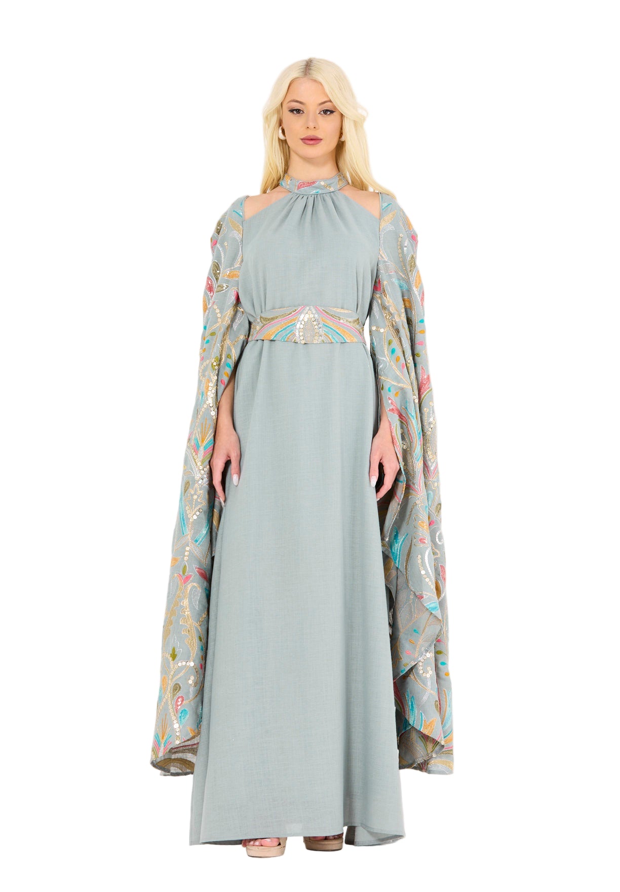 Floral Embroidered Cape Dress