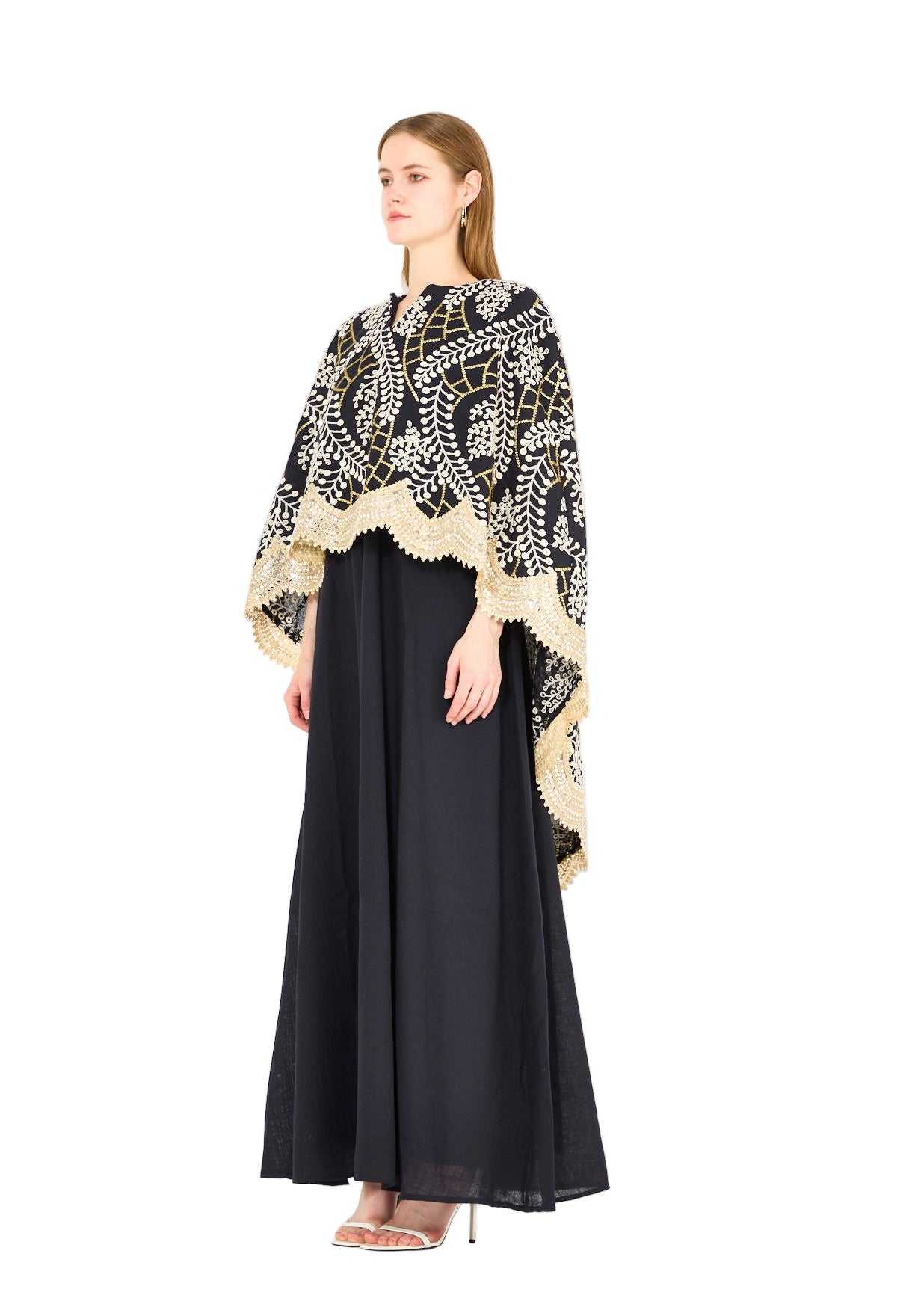 Scallop Mirror Lace Hem Embroidered Cape Dress