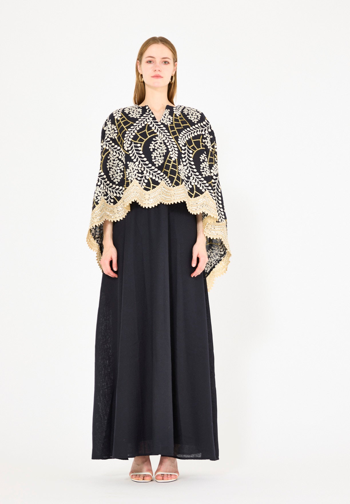 Scallop Mirror Lace Hem Embroidered Cape Dress