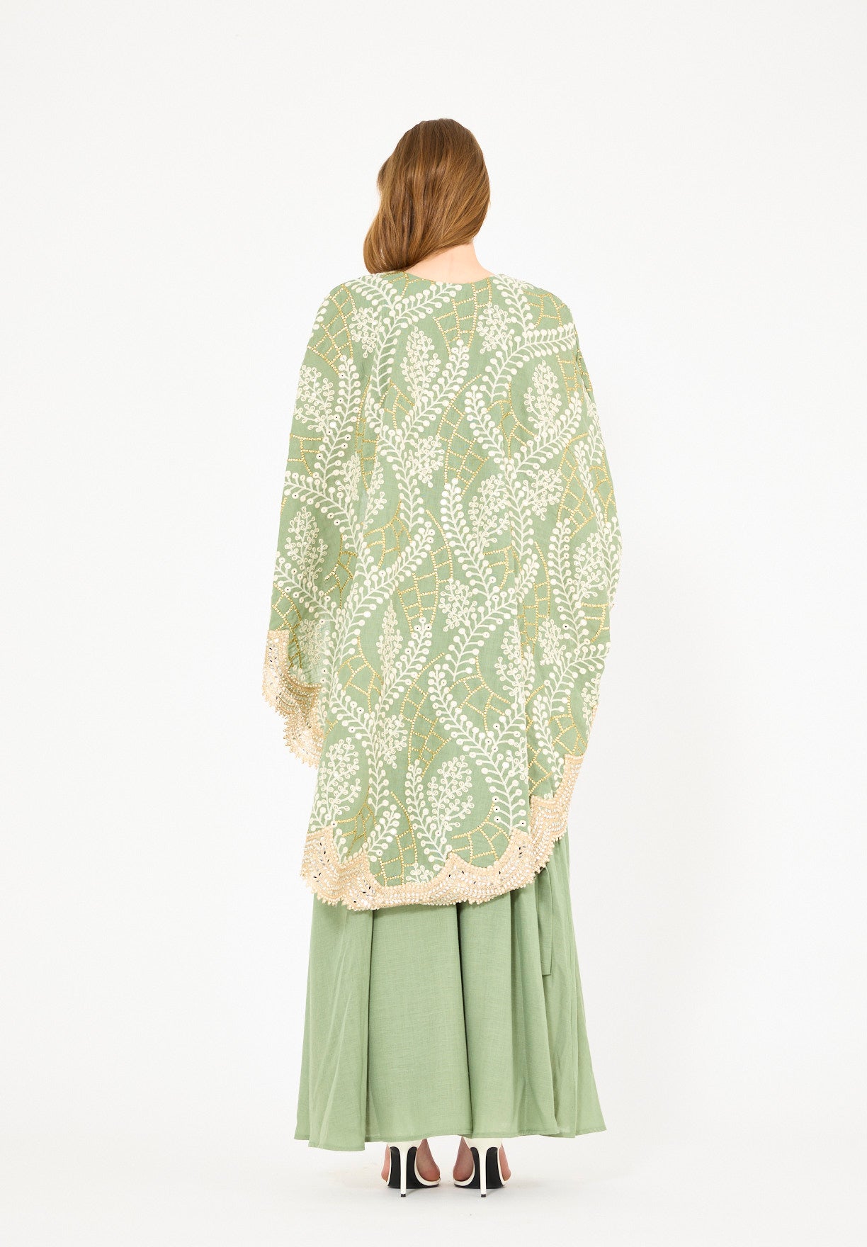 Scallop Mirror Lace Hem Embroidered Cape Dress
