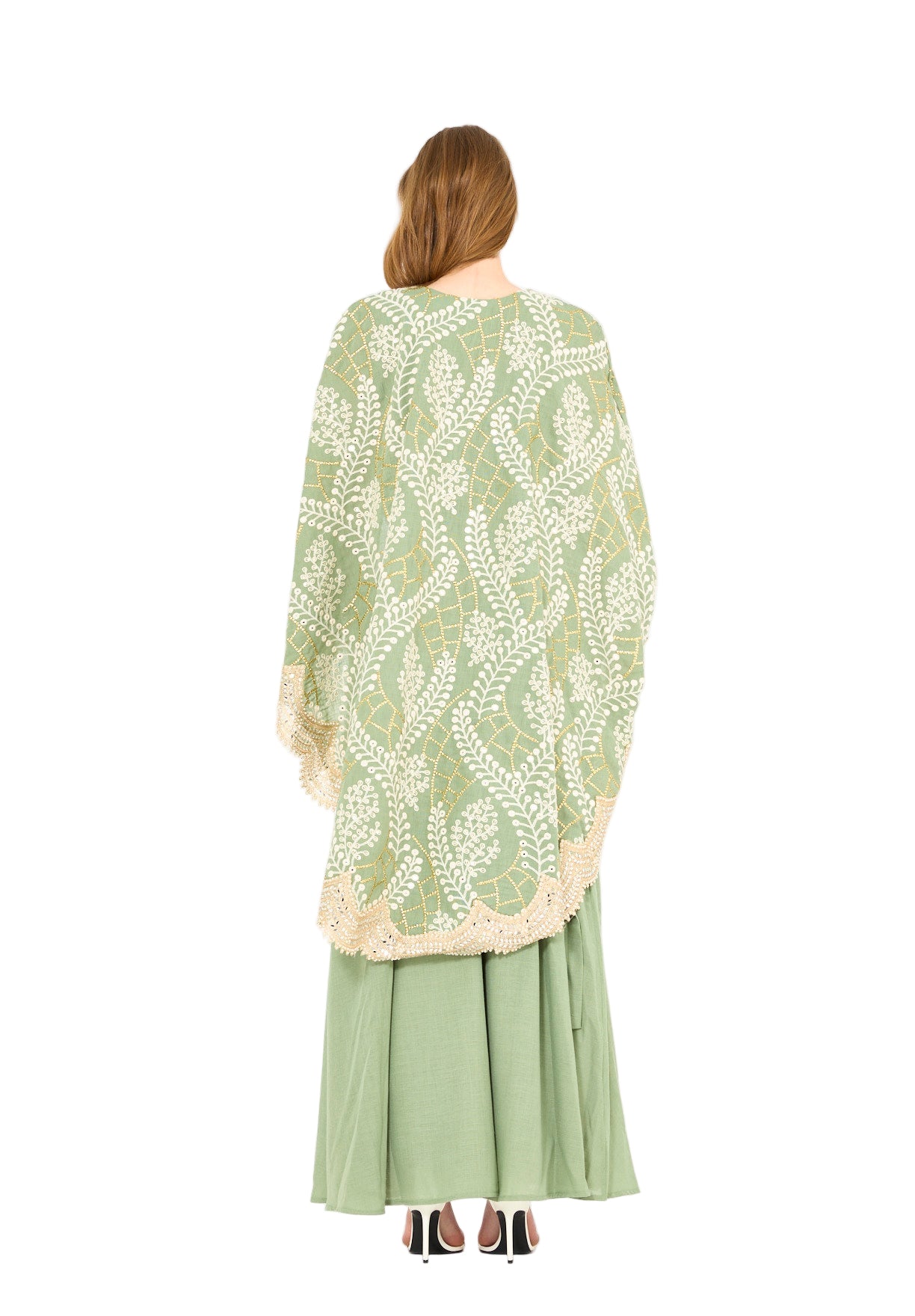 Scallop Mirror Lace Hem Embroidered Cape Dress