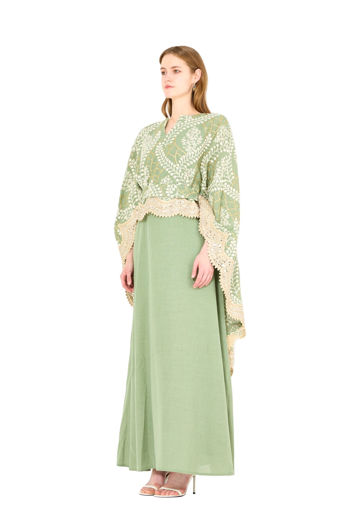 Scallop Mirror Lace Hem Embroidered Cape Dress