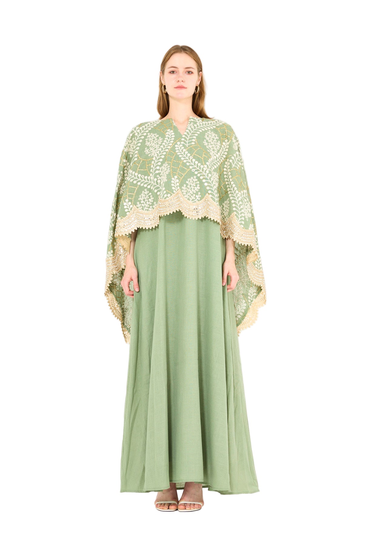 Scallop Mirror Lace Hem Embroidered Cape Dress