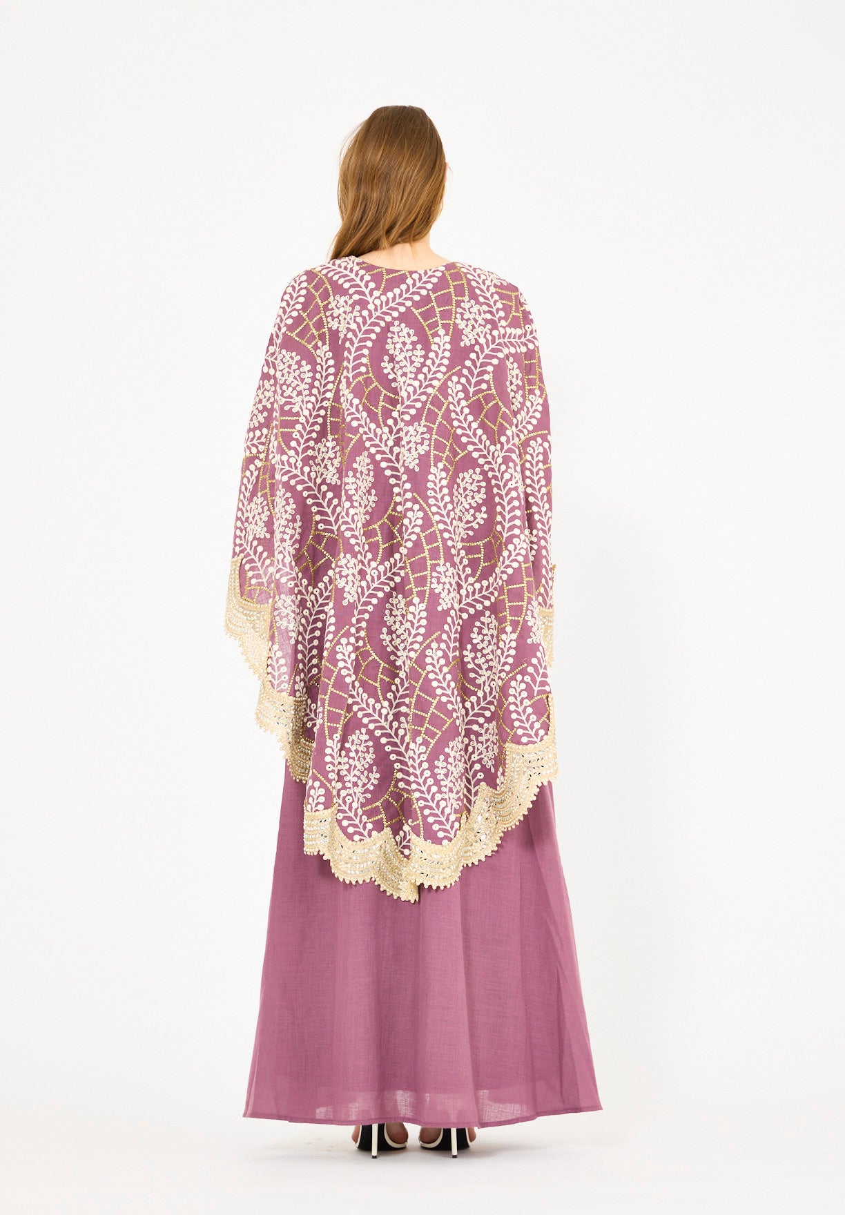 Scallop Mirror Lace Hem Embroidered Cape Dress