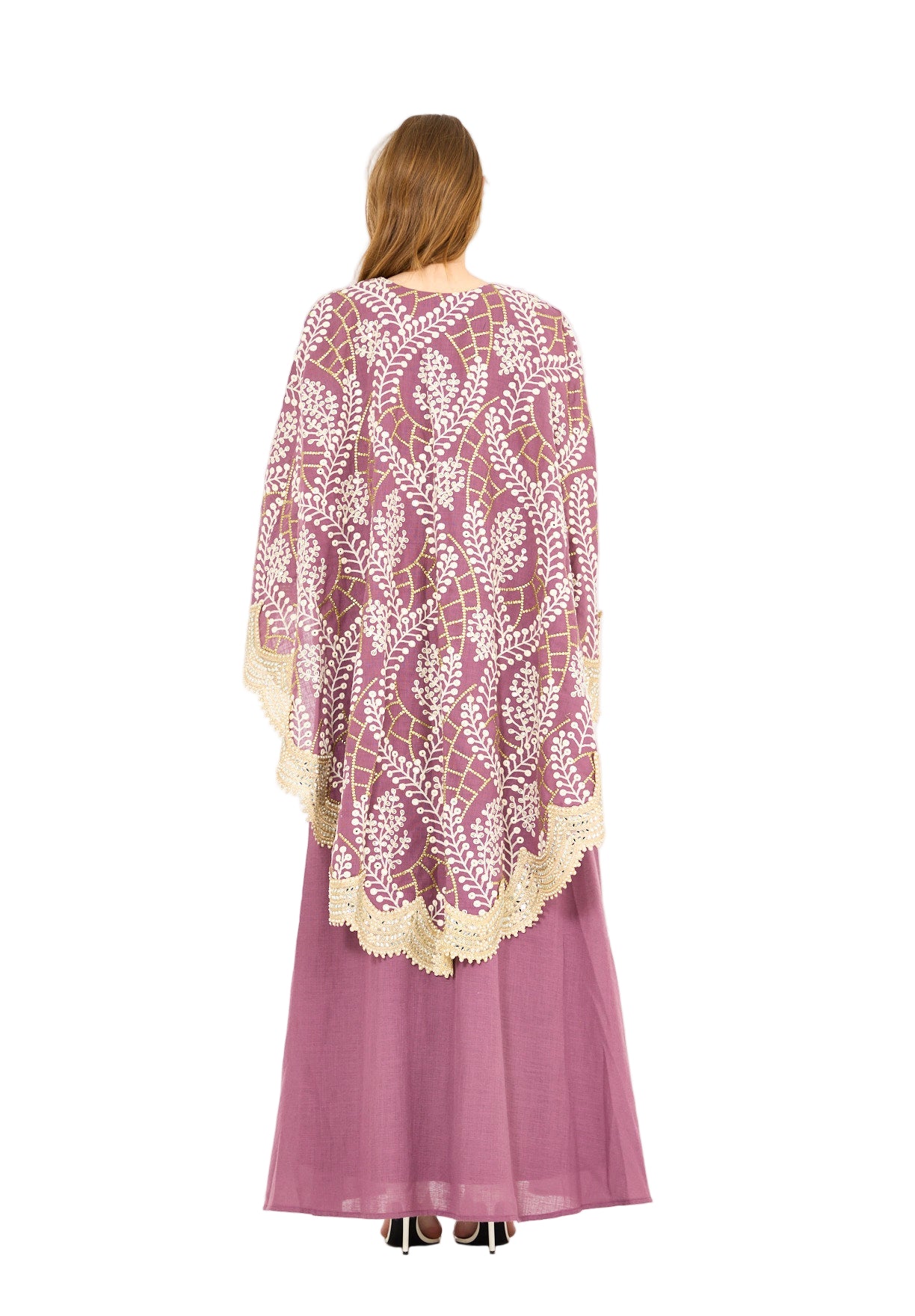 Scallop Mirror Lace Hem Embroidered Cape Dress