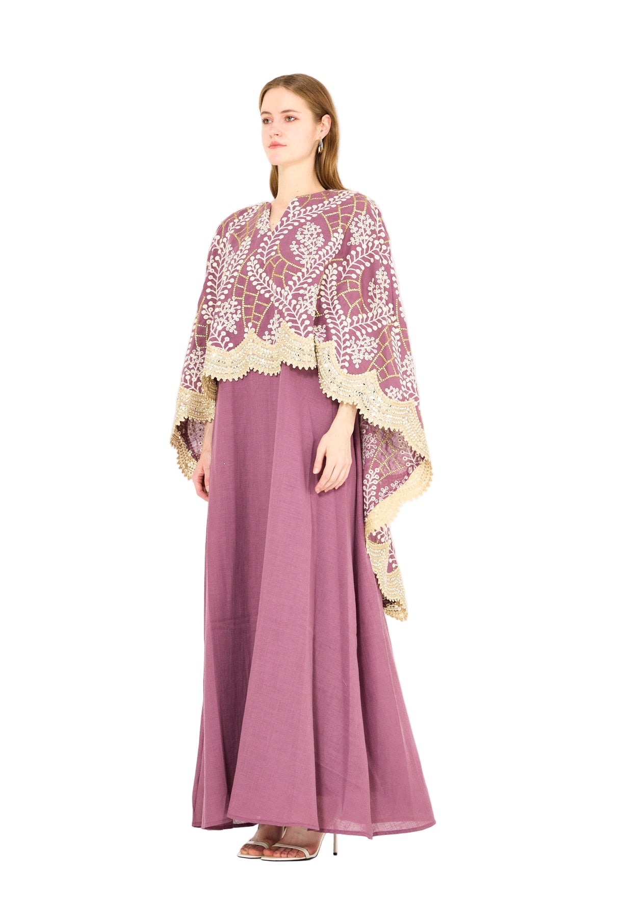 Scallop Mirror Lace Hem Embroidered Cape Dress