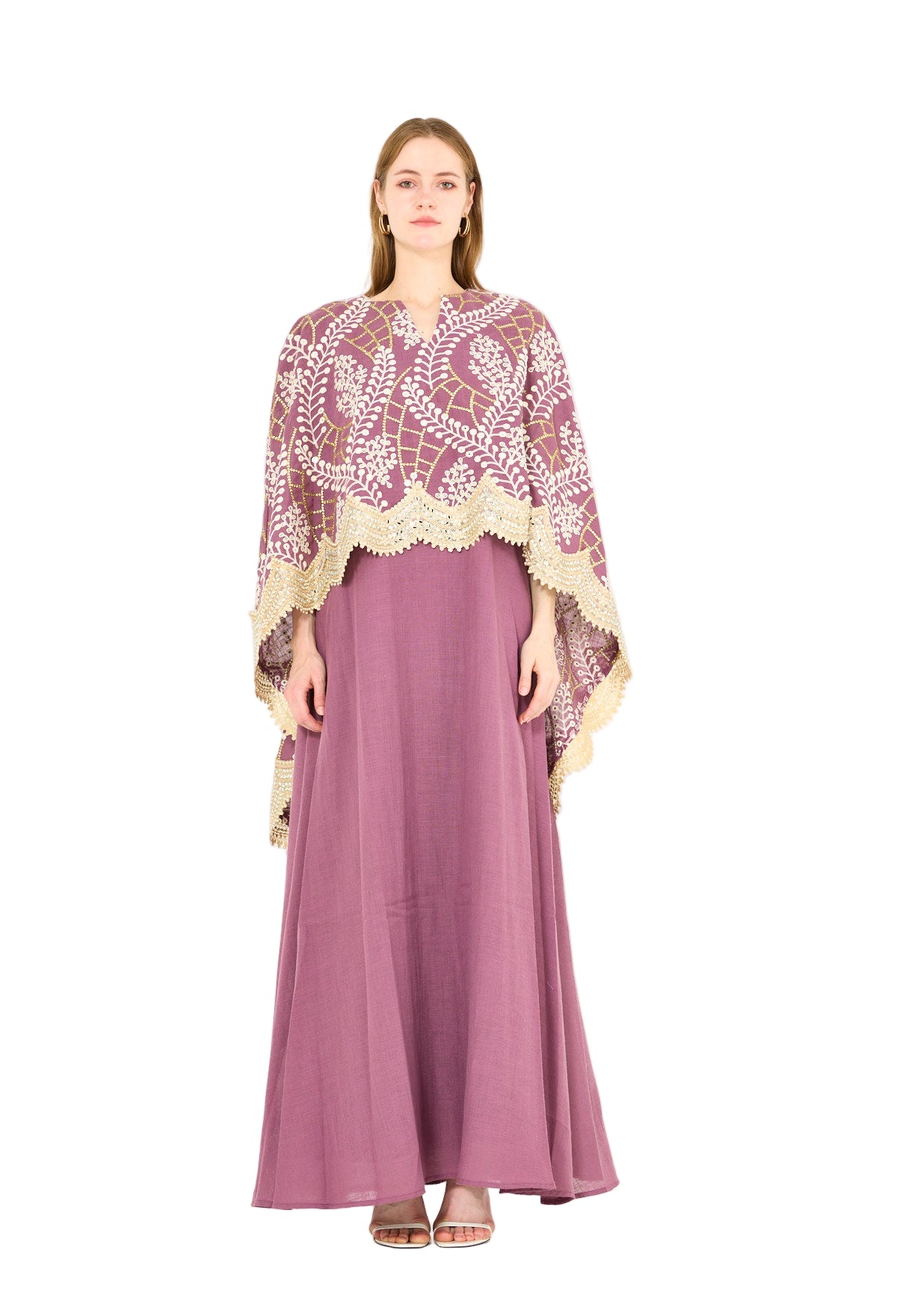 Scallop Mirror Lace Hem Embroidered Cape Dress