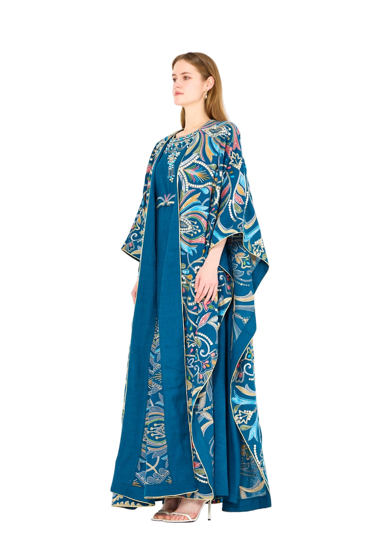 Abstract Multicolor Embroidered Bisht & Dress Set