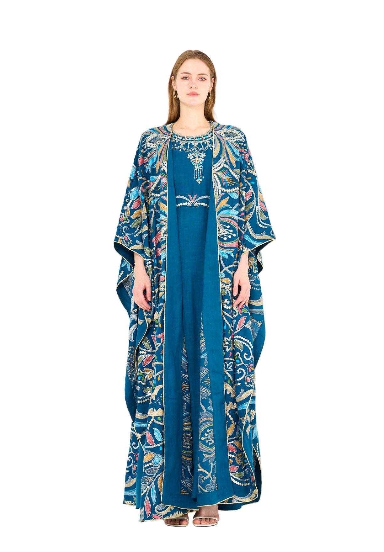 Abstract Multicolor Embroidered Bisht & Dress Set