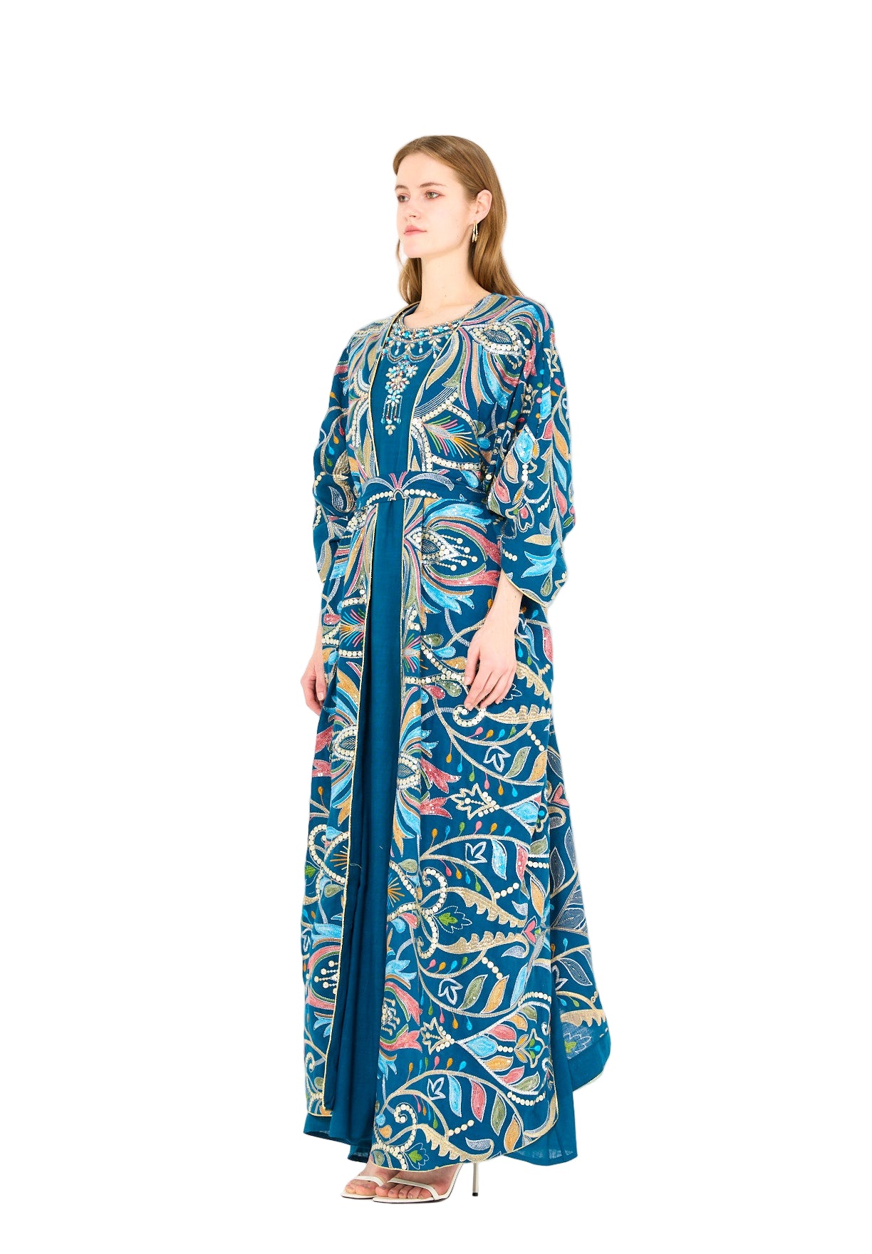 Abstract Multicolor Embroidered Bisht & Dress Set